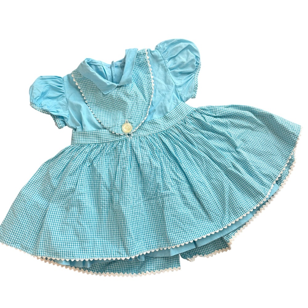 Vintage Handmade Dress 0-3M Blue Gingham Cottagecore Apron Storybook Peter Pan